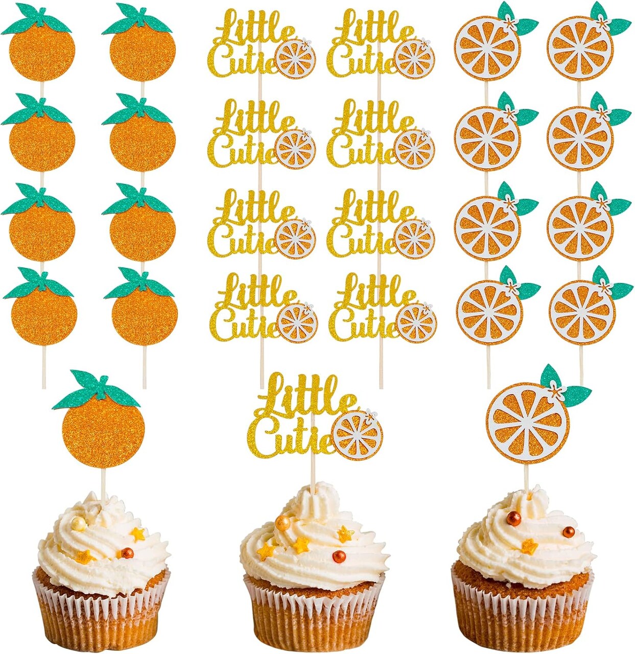 36 Pieces Little Cutie Glitter Cupcake Toppers – Orange Citrus Party Picks for Baby Shower, Kids Birthday & Themed Party Decorations